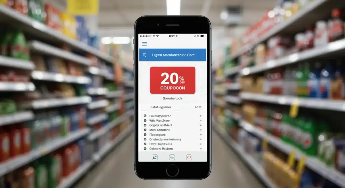 Smartphone displaying a digital membership card with 20% off coupon and retailer list.