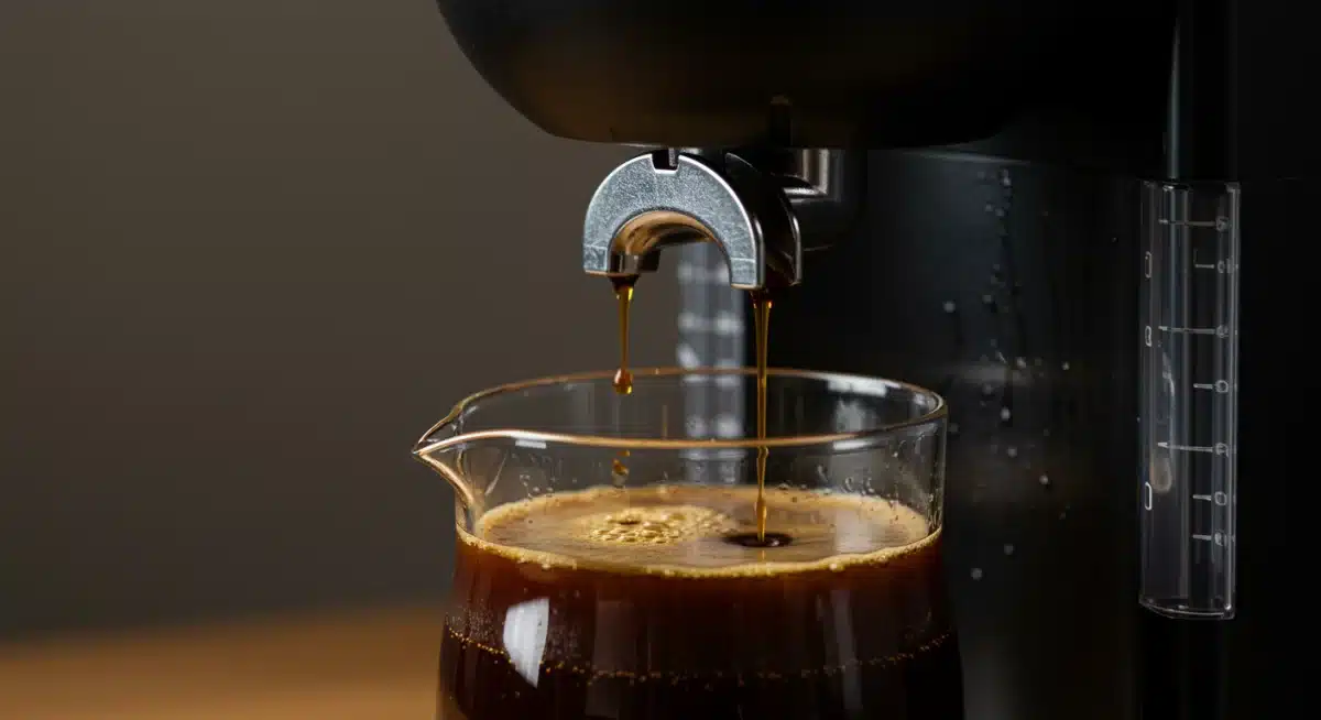 Drip coffee maker brewing fresh coffee into a glass carafe.