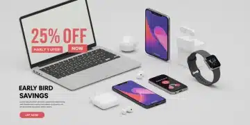 Collection of modern tech gadgets with an 'Early Bird Savings 25% Off' banner
