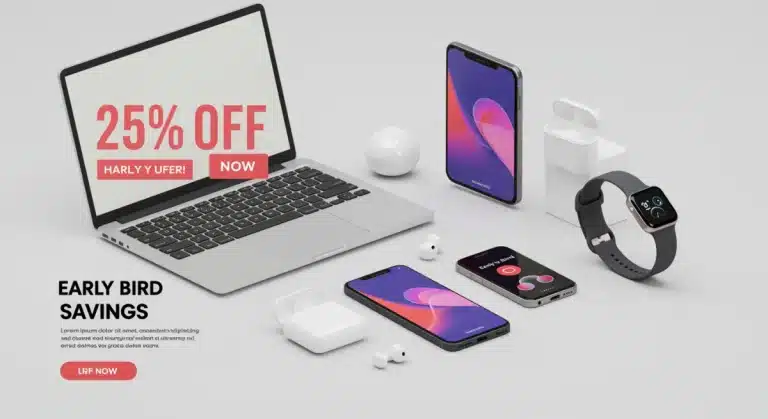 Collection of modern tech gadgets with an 'Early Bird Savings 25% Off' banner