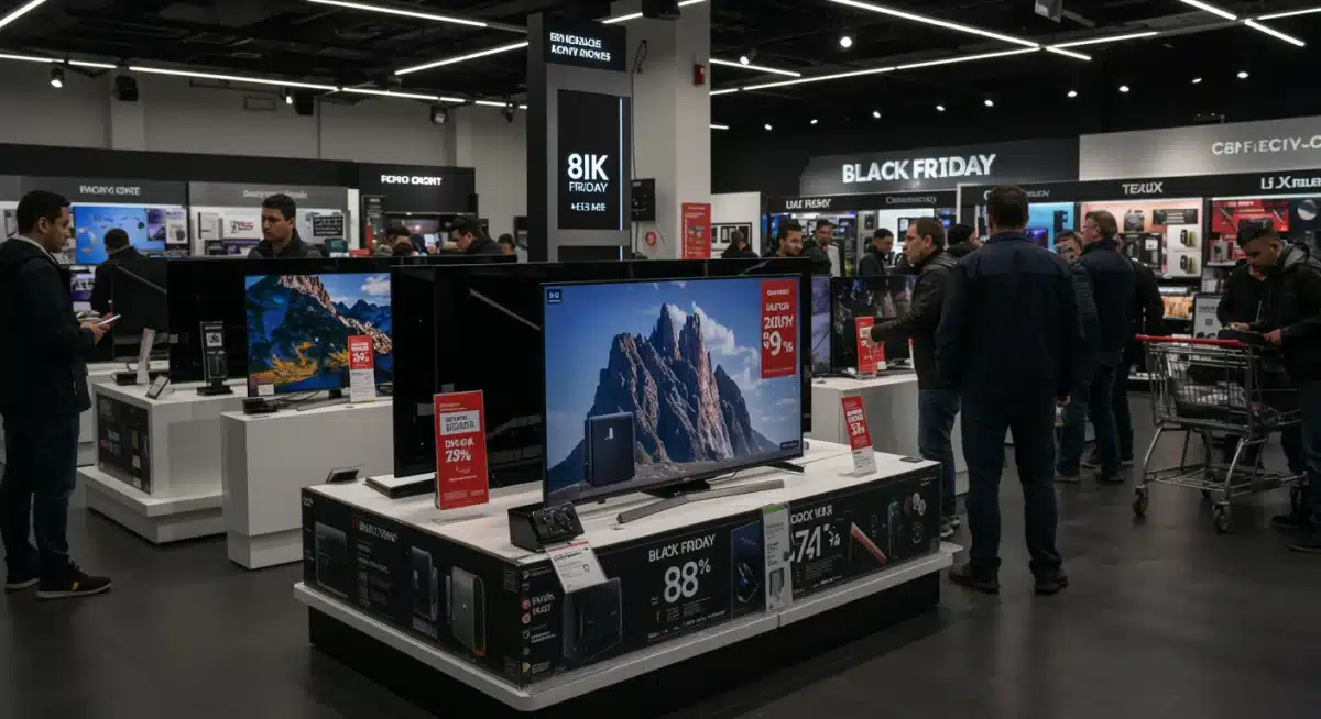 Shoppers viewing discounted 8K TVs and gaming consoles during Black Friday sales