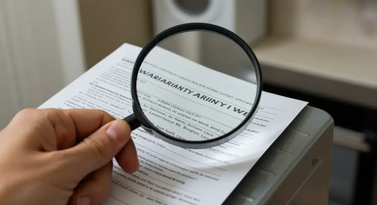 Hand with magnifying glass examining fine print on an appliance warranty document, highlighting attention to detail.
