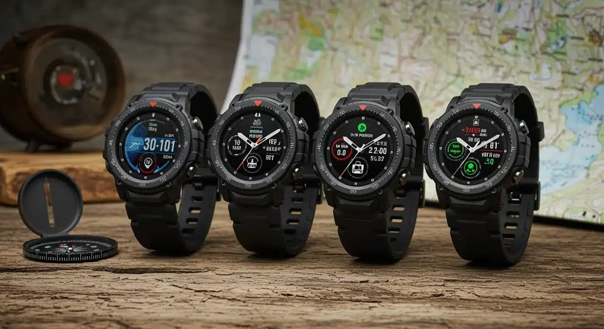 Lineup of four rugged smartwatches on a wooden surface, highlighting outdoor features.