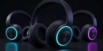 Futuristic noise-canceling headphones with glowing accents, representing advanced audio technology and long battery life.