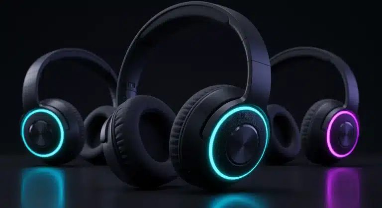 Futuristic noise-canceling headphones with glowing accents, representing advanced audio technology and long battery life.
