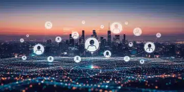 Futuristic digital landscape with social media icons and data streams, representing advanced organic reach strategies.