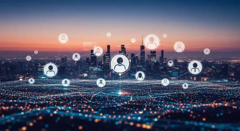 Futuristic digital landscape with social media icons and data streams, representing advanced organic reach strategies.