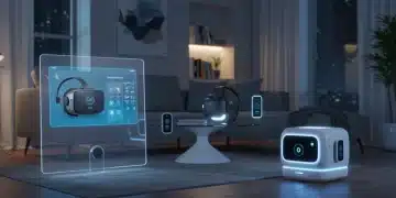 Futuristic living room with integrated smart gadgets and advanced AI