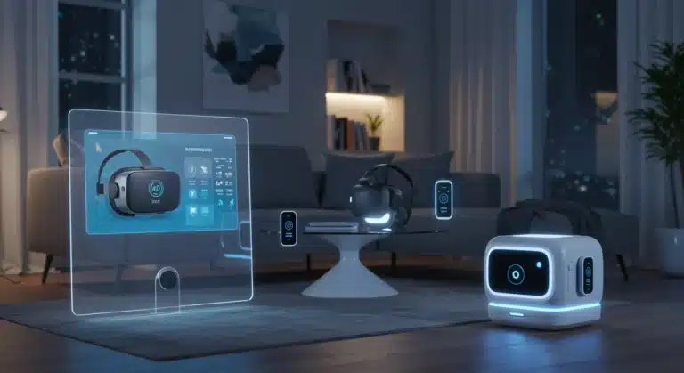Futuristic living room with integrated smart gadgets and advanced AI