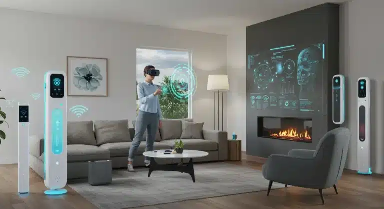 Futuristic smart home with integrated AI and immersive tech