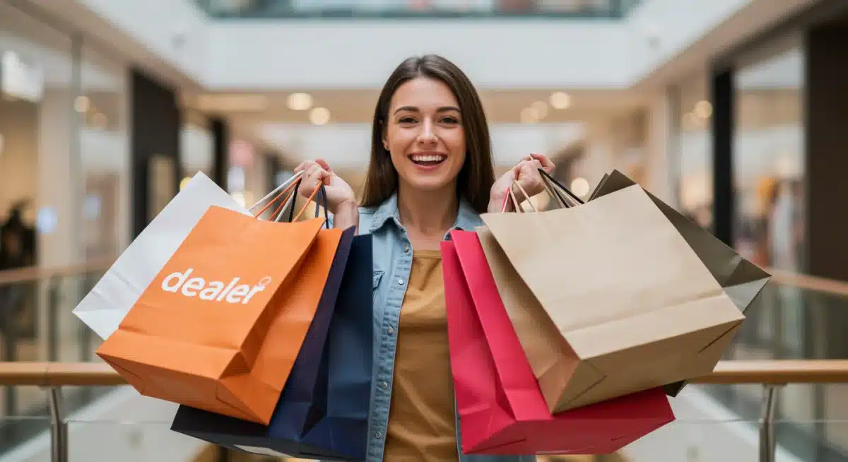 Happy shopper with bags, benefiting from exclusive retail discounts.