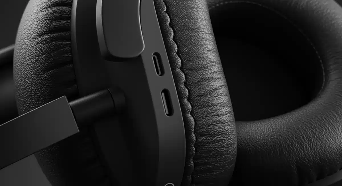 Close-up of a headphone earcup with detailed stitching and a visible charging port, symbolizing battery longevity.