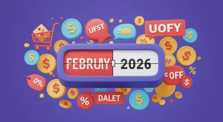 Limited-time offers countdown to 2026, featuring shopping cart and discount symbols.