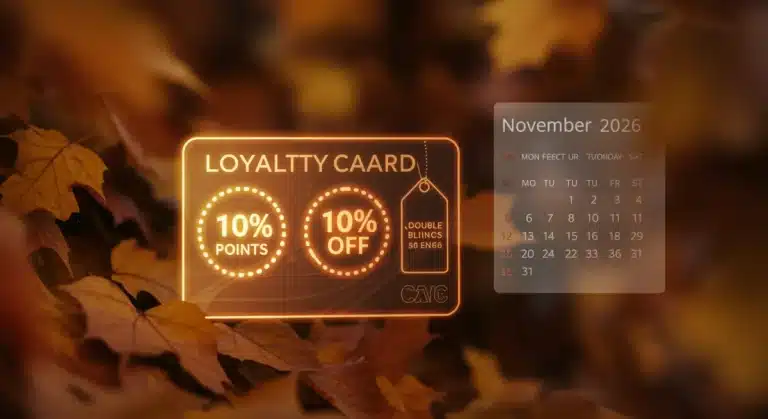 Loyalty program card with double points and 10% off promotion for November 2026