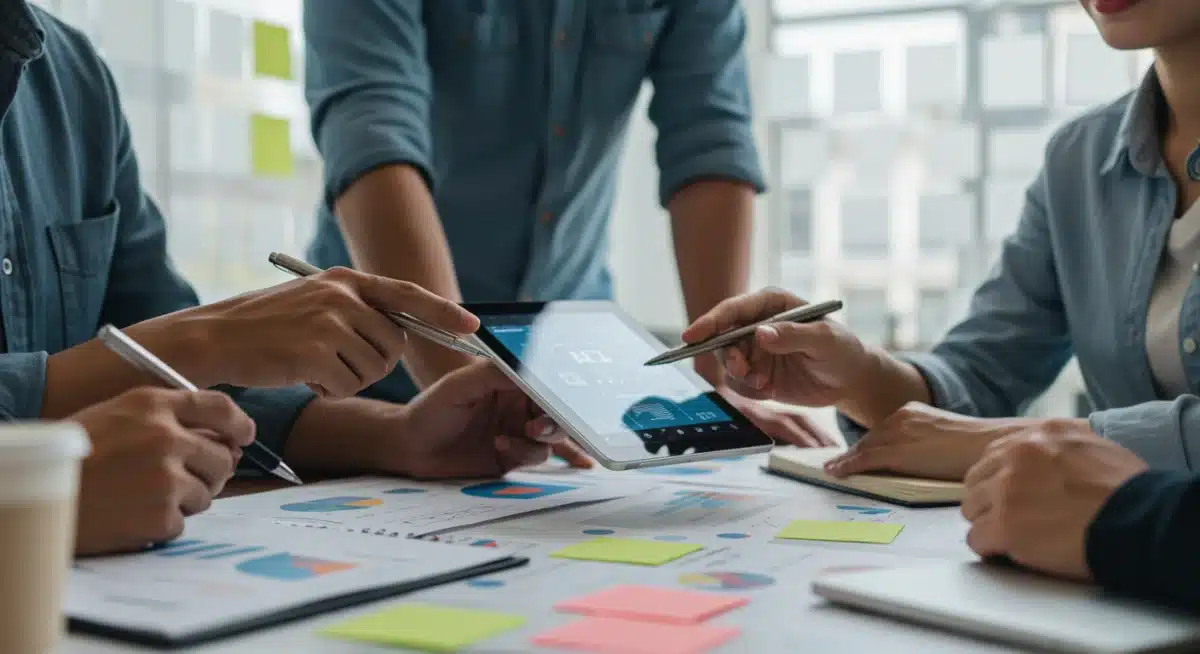 Marketing team collaborating with AI assistant on digital campaign strategy