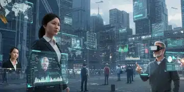 Futuristic metaverse cityscape with digital commerce and interacting avatars, representing economic growth.