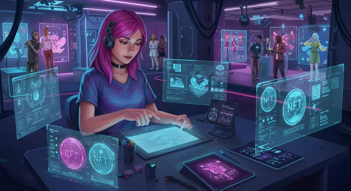 Digital artist creating NFTs in a virtual gallery, highlighting metaverse art and collectibles.