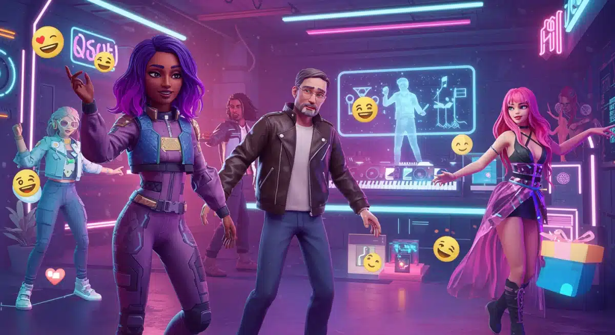 Avatars at a virtual metaverse concert with interactive branding, illustrating digital events.