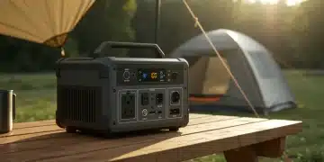 Modern portable power station at a campsite, showing its digital display and multiple ports.