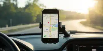 Modern car interior with black phone mount holding smartphone, GPS navigation