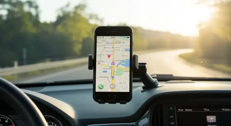 Modern car interior with black phone mount holding smartphone, GPS navigation