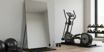 Modern home gym with fitness mirror and compact workout equipment