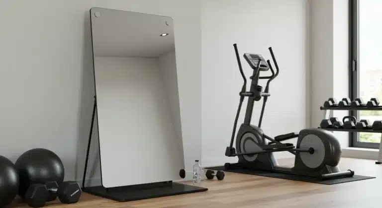 Modern home gym with fitness mirror and compact workout equipment