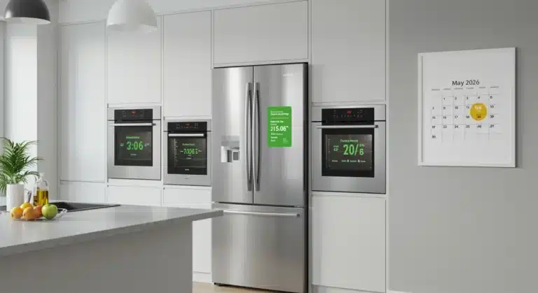Modern kitchen with energy-efficient appliances, emphasizing savings and the May 2026 rebate deadline.