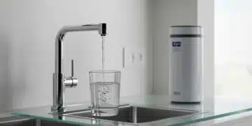Modern kitchen with clear water flowing from a sleek faucet into a glass, highlighting advanced water filtration.