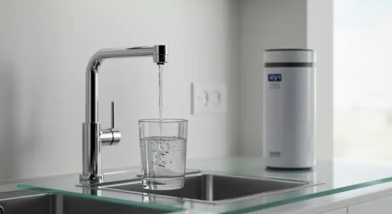 Modern kitchen with clear water flowing from a sleek faucet into a glass, highlighting advanced water filtration.