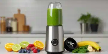 Modern personal blender with fresh ingredients and a green smoothie