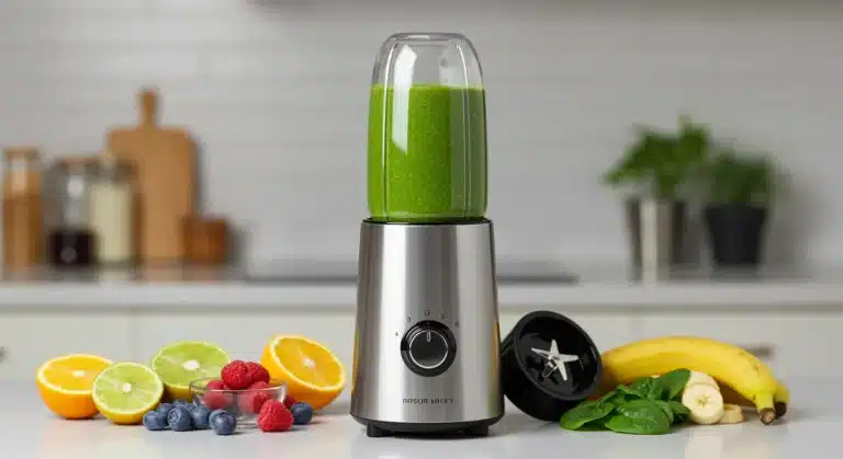 Modern personal blender with fresh ingredients and a green smoothie