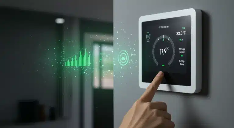 Modern smart thermostat displaying energy savings data