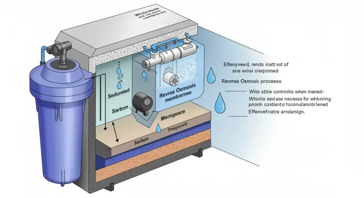 Detailed diagram illustrating the multi-stage filtration process of a whole-house water filter.
