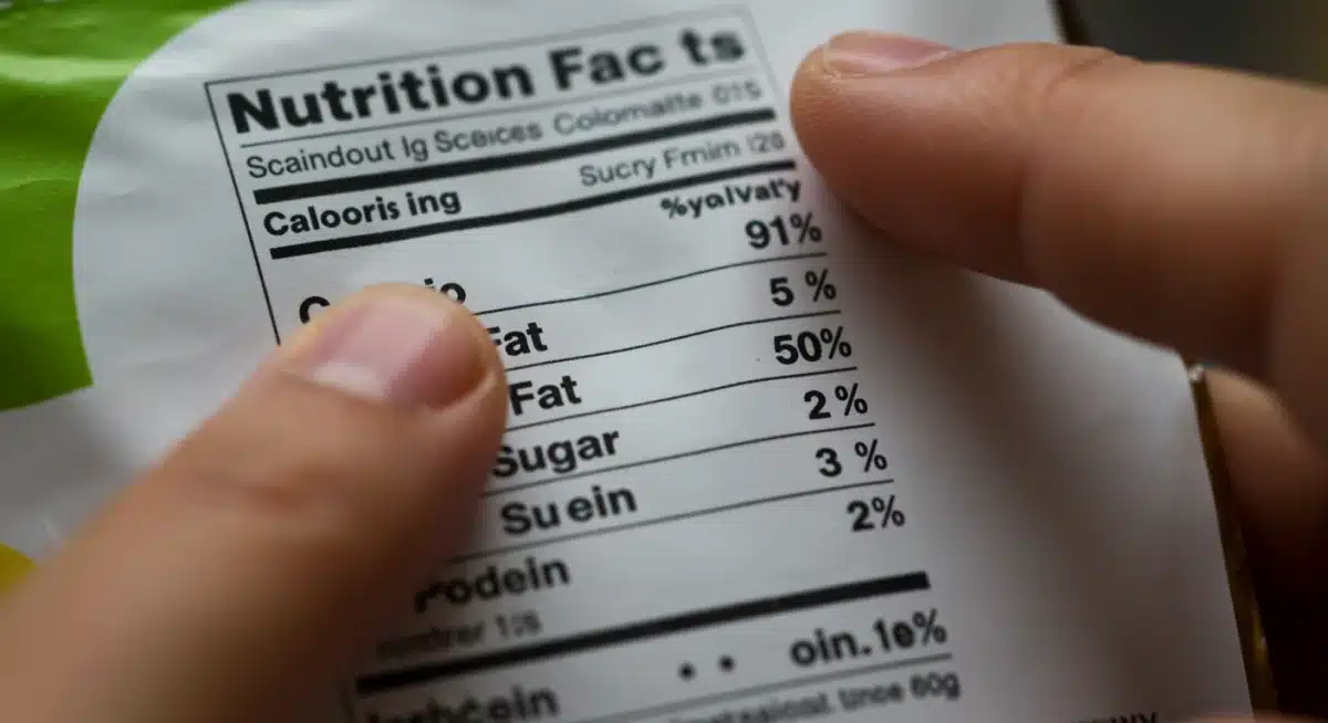Close-up of a nutrition facts panel on a food product, emphasizing key data