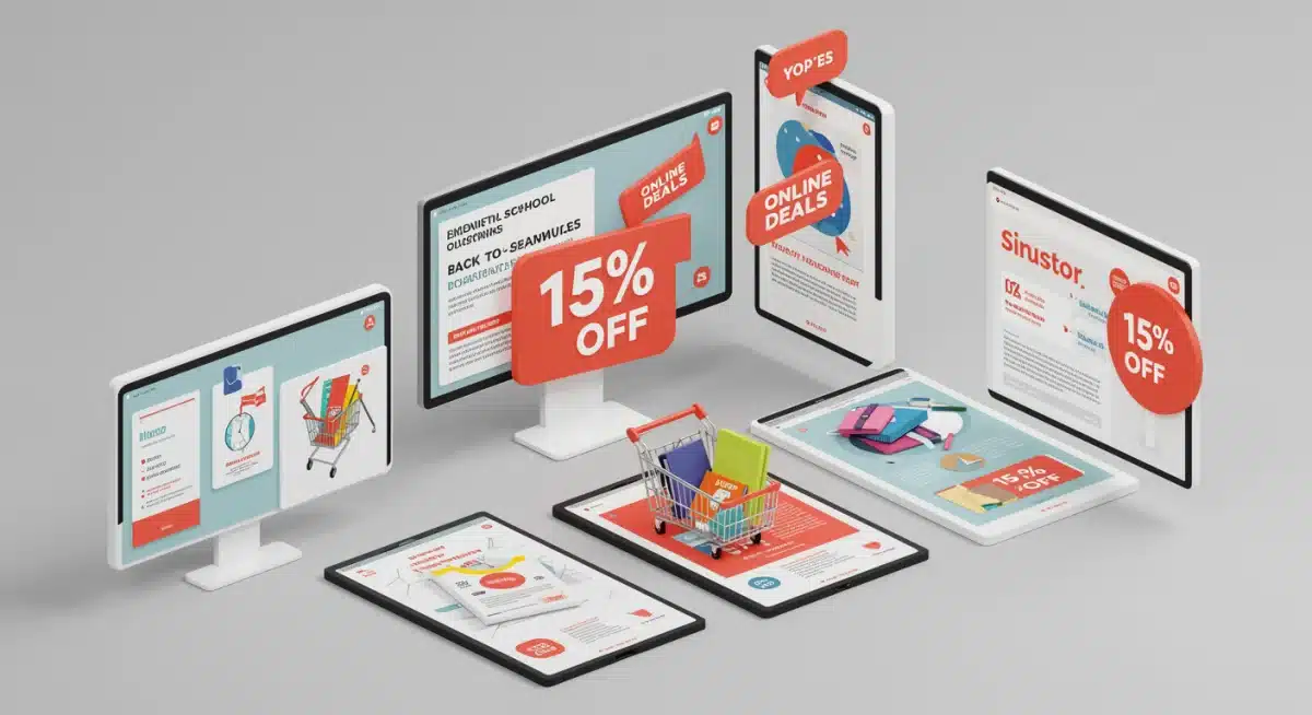 Online shopping carts with back-to-school items and a 15% off banner, highlighting digital savings strategies.