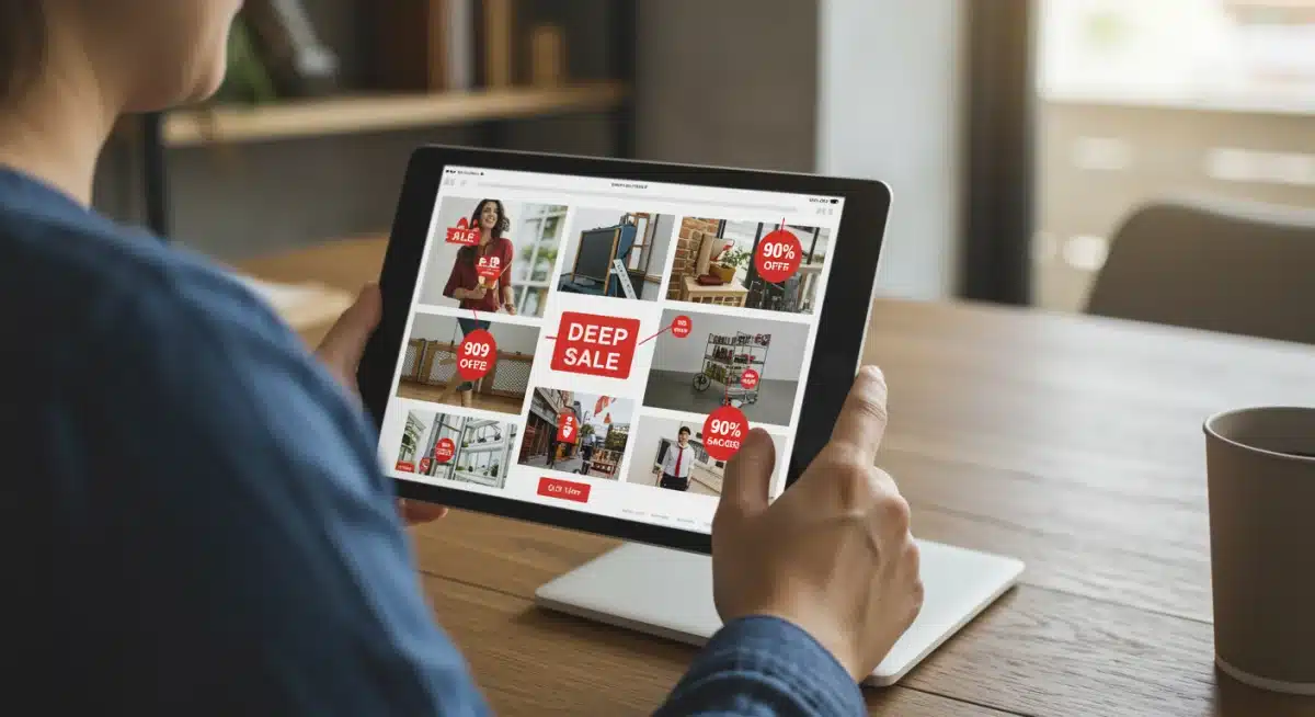 Online shopper finding deep discounts on a tablet during a clearance event