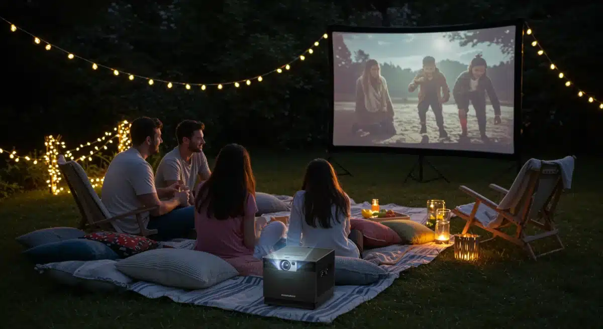 Friends enjoying an outdoor movie with a portable projector