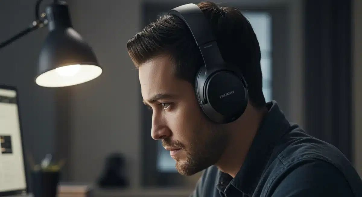 Person wearing noise-canceling headphones working undisturbed at a desk.