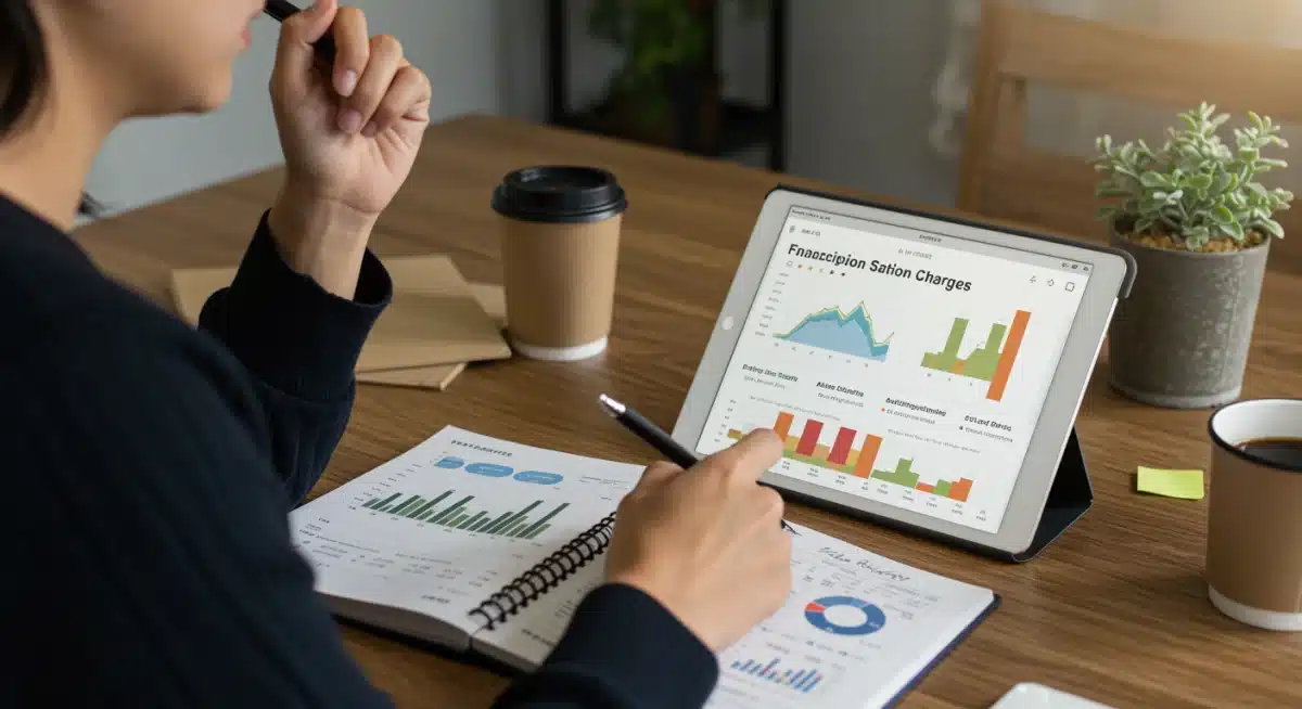 Individual reviewing a financial dashboard on a tablet, analyzing subscription charges and budgeting.