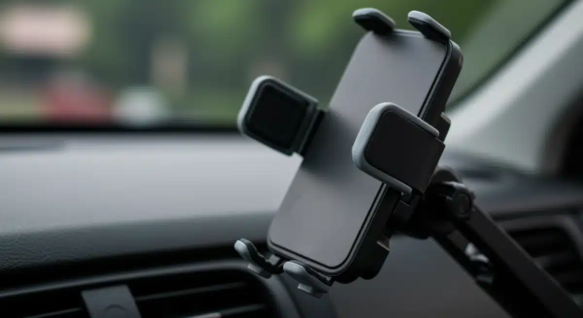 Close-up of car phone mount gripping mechanism holding various smartphones