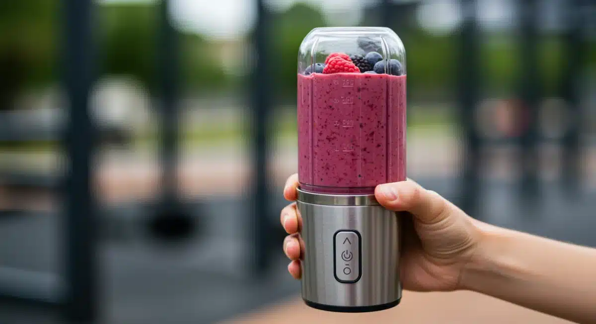 Hand holding a portable personal blender cup with a berry smoothie