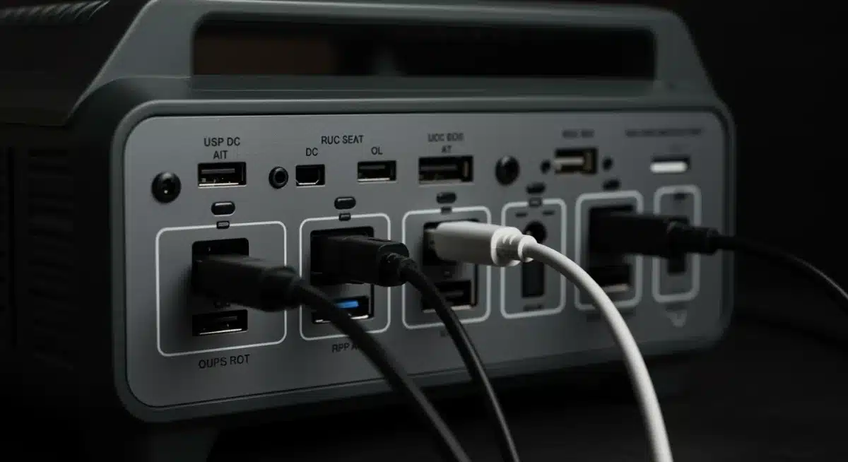 Detailed view of portable power station's output ports with cables connected.