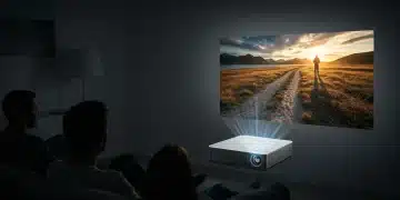 Modern portable projector displaying 1080p content