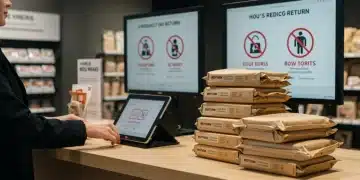 Person processing a product return at a modern retail store counter.