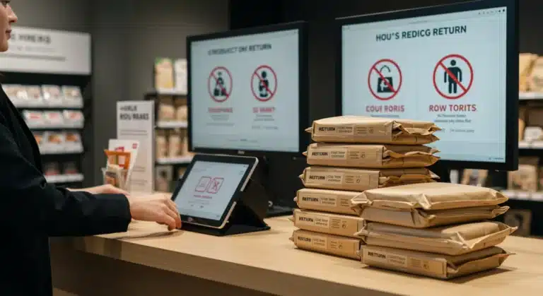 Person processing a product return at a modern retail store counter.
