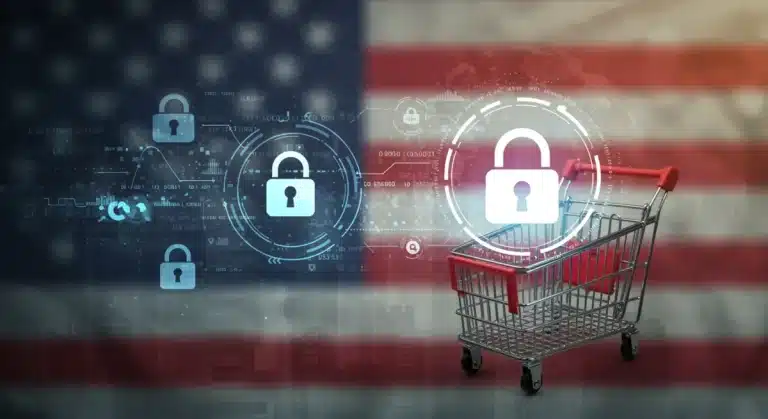 Illustration of secure data flow in e-commerce, symbolizing new Q1 2026 data privacy regulations affecting U.S. online shopping.