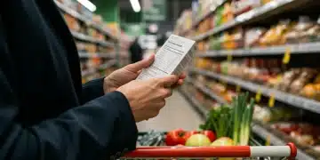 Woman carefully reading a food label in a brightly lit supermarket aisle