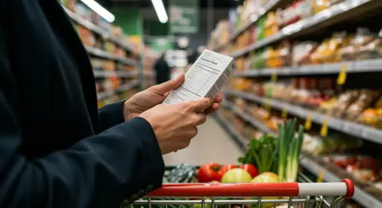 Woman carefully reading a food label in a brightly lit supermarket aisle