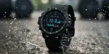 Rugged smartwatch partially submerged in water, displaying fitness data for active users.